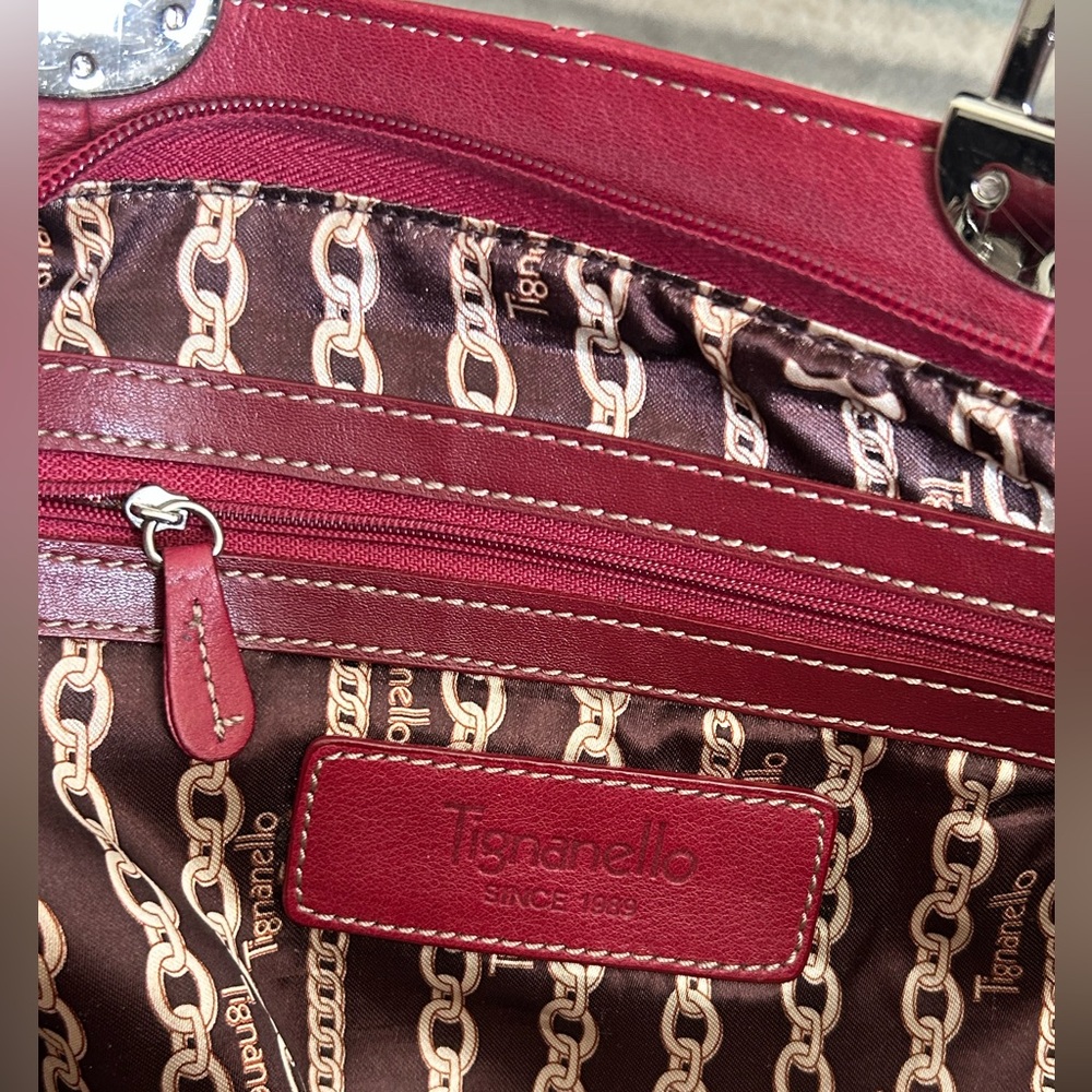 Tignanello Leather Y2K Red Shoulder Bag w Silver Accent Buckle Pockets Stunning - Picture 7 of 14